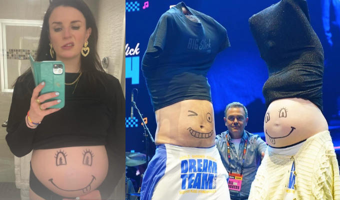 Aisling Bea announces her pregnancy in the most Aisling Bea way possible... | Comic paints a face on her baby bump and dances on stage to Sheryl Crowe..