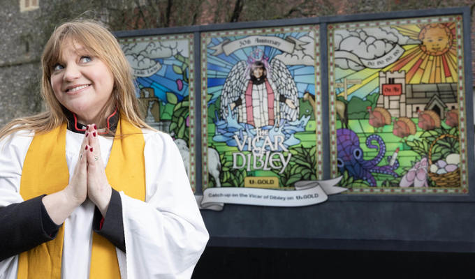 Win this unique – and massive! – Vicar Of Dibley treasure | Stained glass window-style billboard unveiled to mark sitcom's 30th anniversary